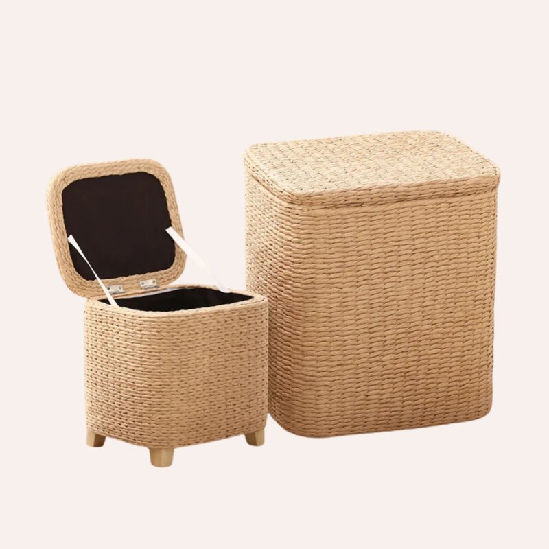 Tabouret Rangement Rotin Multifonctionnel Repose-Pieds Panier Organisateur Naturel – Image 4