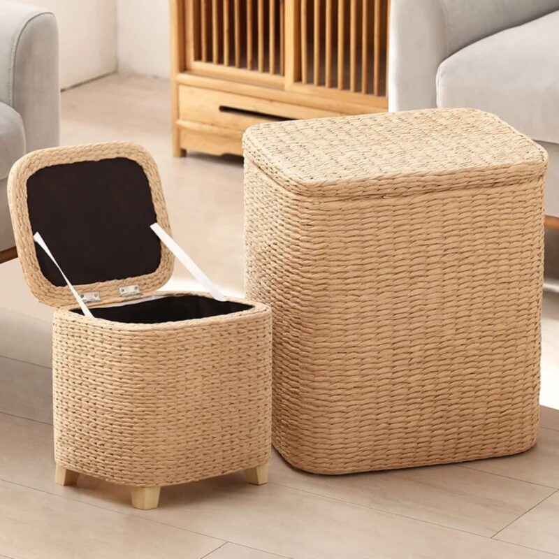 Tabouret Rangement Rotin Multifonctionnel Repose-Pieds Panier Organisateur Naturel – Image 5