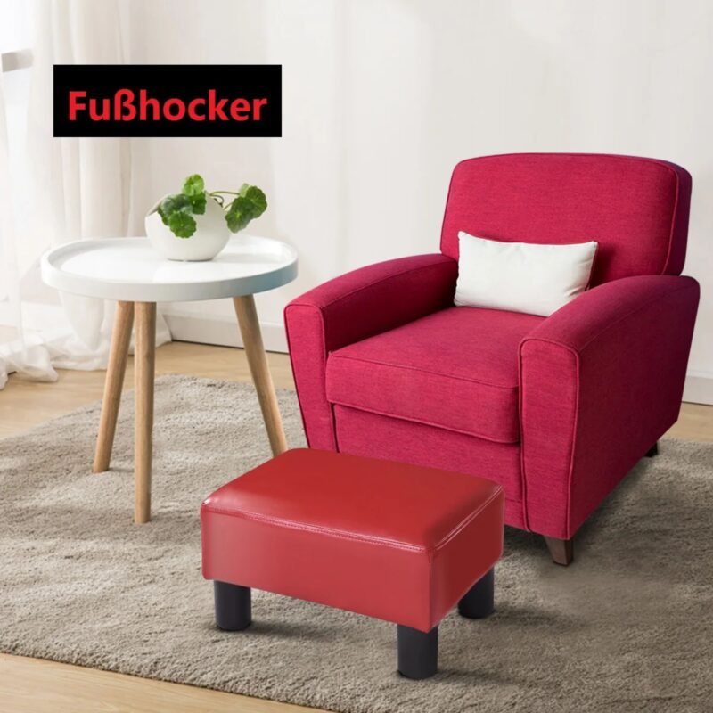 Pouf Ottoman Cuir Rouge - Repose-Pieds Rectangulaire 40x30x24cm Design – Image 3
