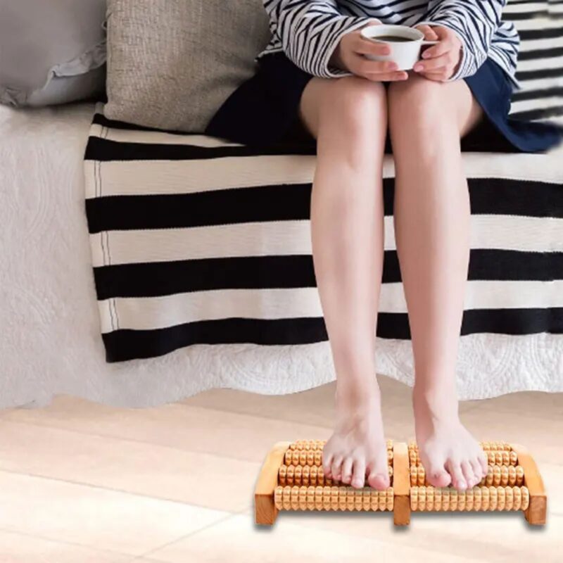 Rouleau Massage Pieds Bois 5 Rangées Réflexologie Anti-Stress Portable Coloré – Image 3