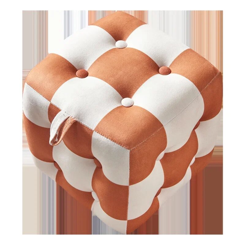 Pouf Design Sculptural Damier Orange Blanc Artistique Décoratif Moderne